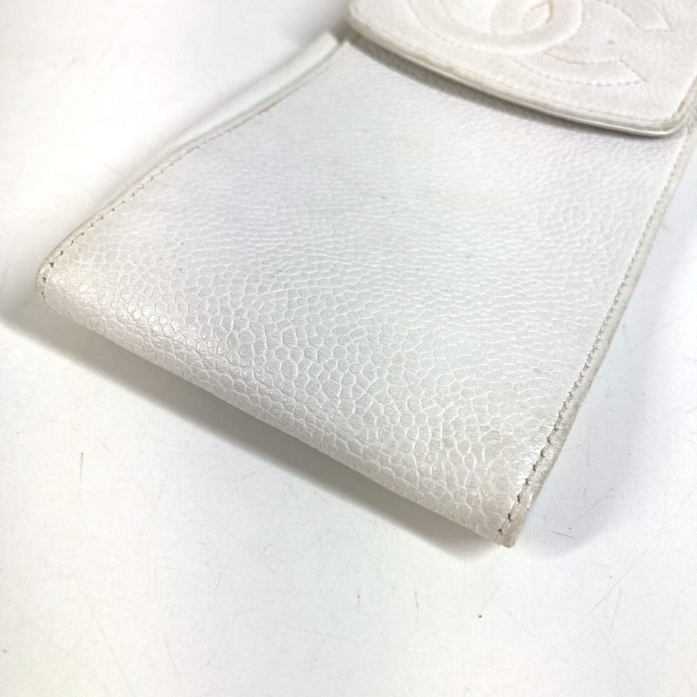 CHANEL ヴィンテージ CC ココマーク ロゴ チェーン 斜め掛け ポシェット フラップ 携帯ポーチ ショルダーバッグ キャビアスキン ユニセックス ホワイト
