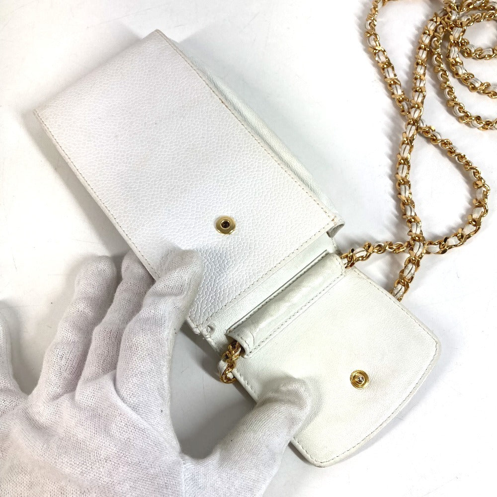 CHANEL ヴィンテージ CC ココマーク ロゴ チェーン 斜め掛け ポシェット フラップ 携帯ポーチ ショルダーバッグ キャビアスキン ユニセックス ホワイト