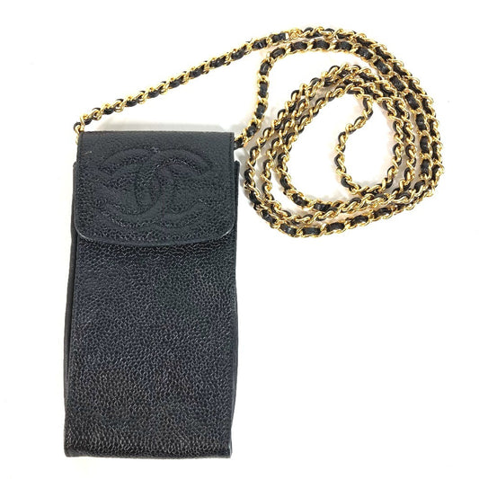 CHANEL ヴィンテージ CC ココマーク ロゴ チェーン 斜め掛け ポシェット フラップ 携帯ポーチ ショルダーバッグ キャビアスキン ユニセックス ブラック