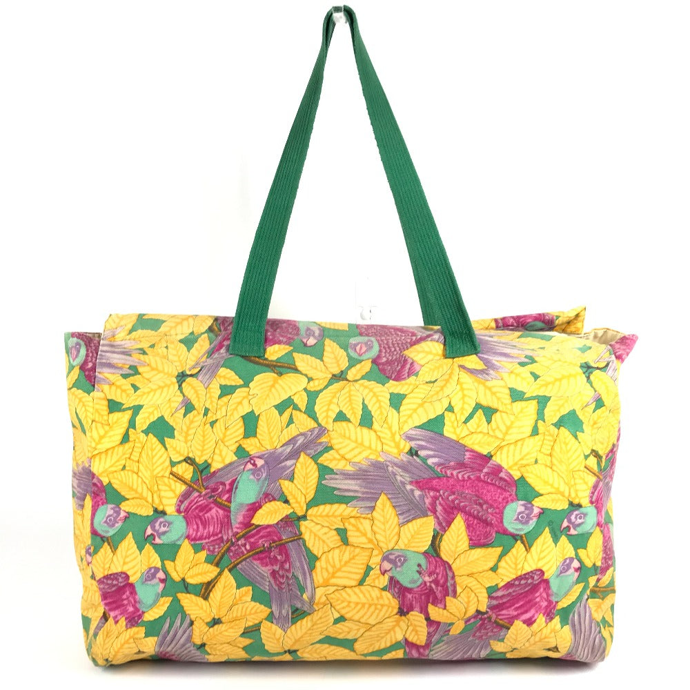 HERMES Vintage Bird Pattern Floral Pattern Bag Tote Bag Shoulder Bag Cotton Unisex Green