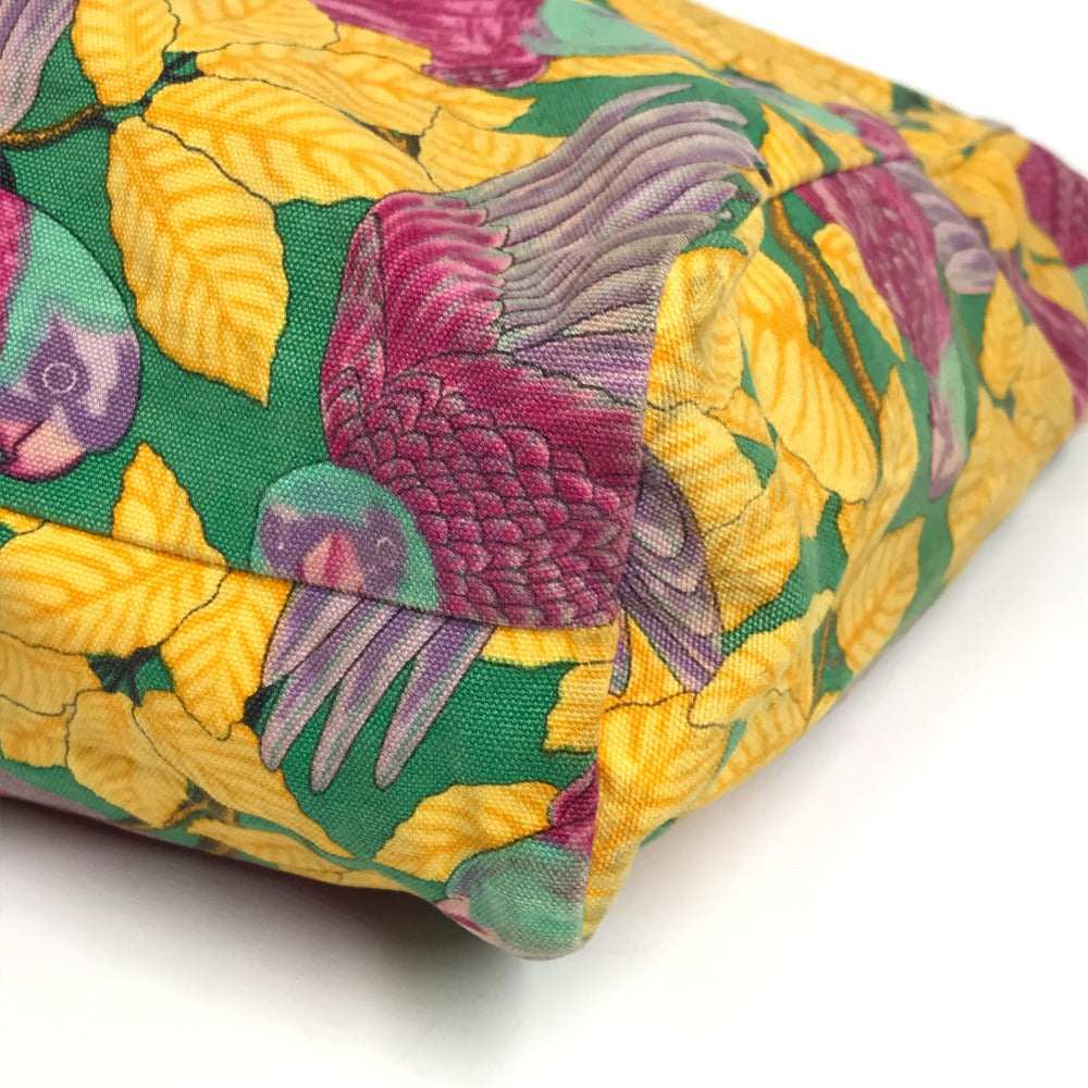 HERMES Vintage Bird Pattern Floral Pattern Bag Tote Bag Shoulder Bag Cotton Unisex Green