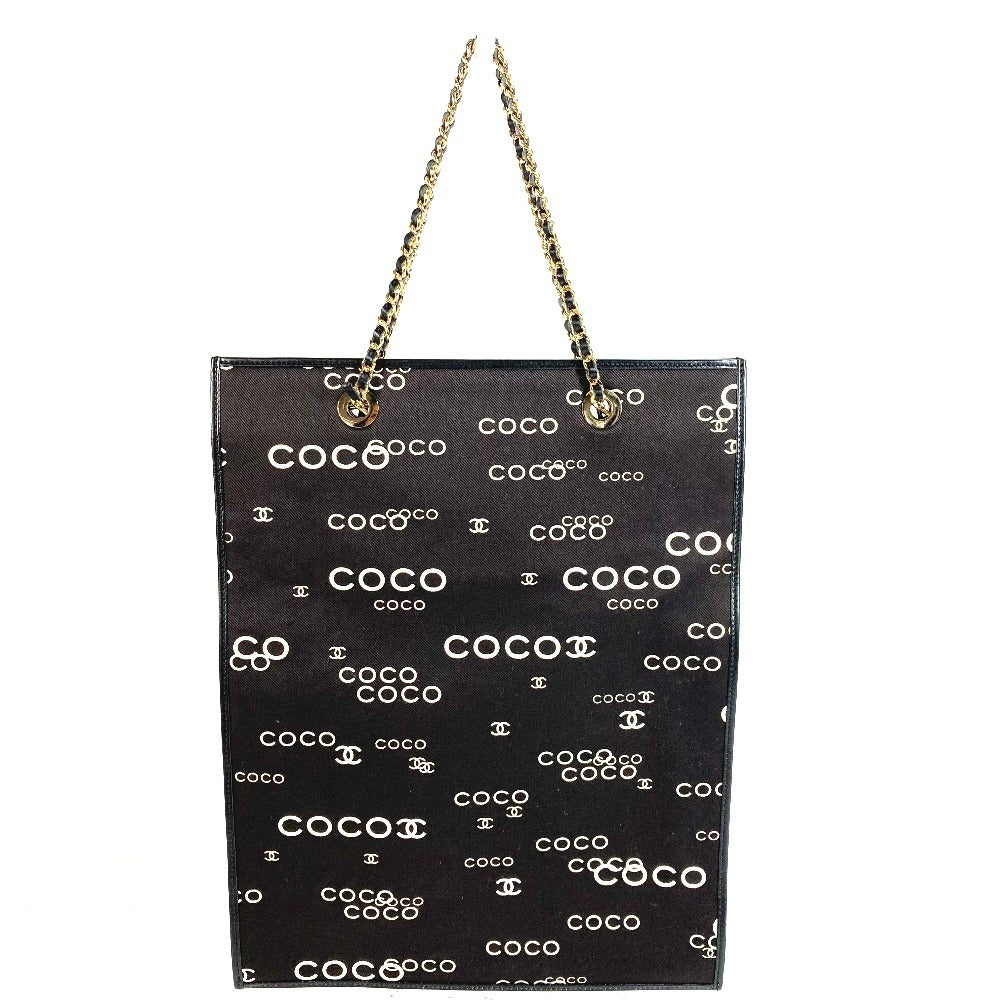 CHANEL ヴィンテージ CC ココマーク ロゴ フラットショッパー カバン チェーンバッグ 肩掛け トートバッグ Wチェーン ショルダーバッグ レザー/キャンバス ユニセックス ブラック