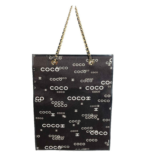 CHANEL Vintage CC Coco Mark Logo Flat Shopper Bag Chain Bag Shoulder Tote Bag W-Chain Shoulder Bag Leather/Canvas Unisex Black