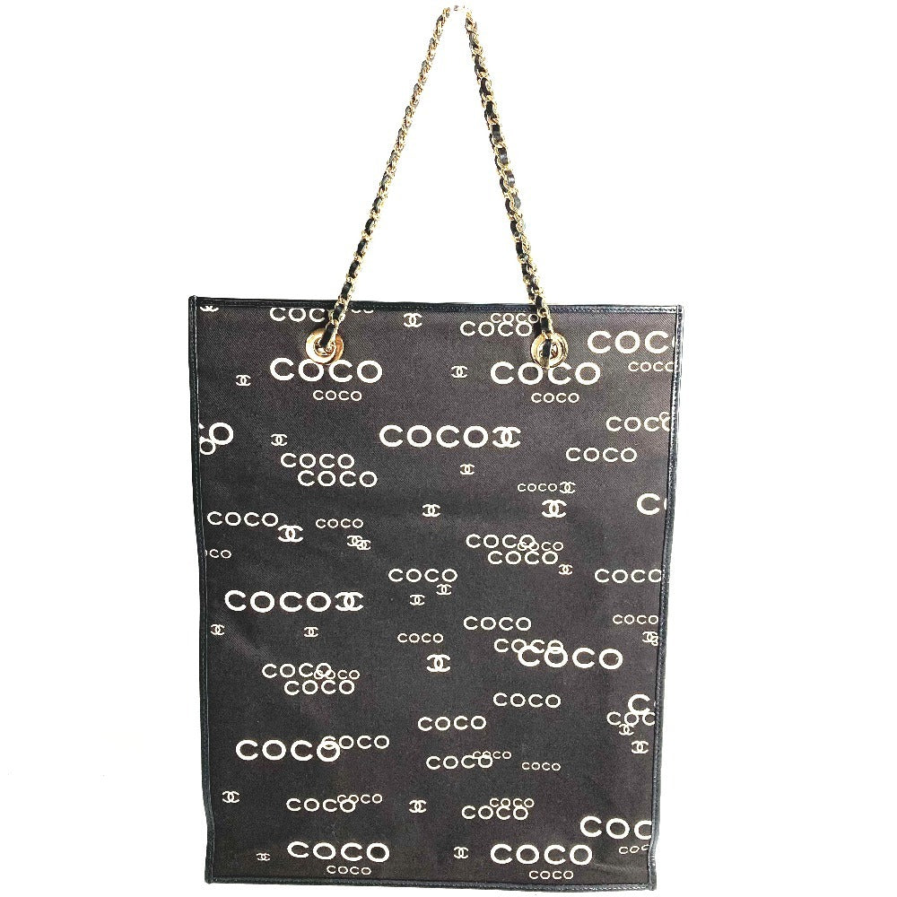 CHANEL ヴィンテージ CC ココマーク ロゴ フラットショッパー カバン チェーンバッグ 肩掛け トートバッグ Wチェーン ショルダーバッグ レザー/キャンバス ユニセックス ブラック