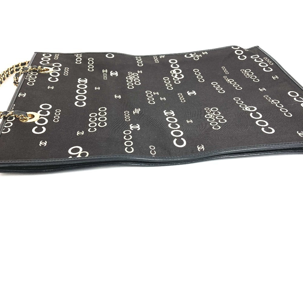 CHANEL ヴィンテージ CC ココマーク ロゴ フラットショッパー カバン チェーンバッグ 肩掛け トートバッグ Wチェーン ショルダーバッグ レザー/キャンバス ユニセックス ブラック