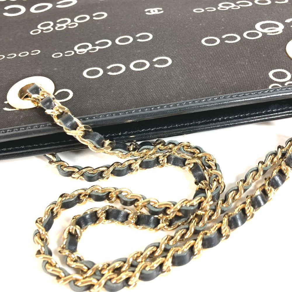 CHANEL ヴィンテージ CC ココマーク ロゴ フラットショッパー カバン チェーンバッグ 肩掛け トートバッグ Wチェーン ショルダーバッグ レザー/キャンバス ユニセックス ブラック
