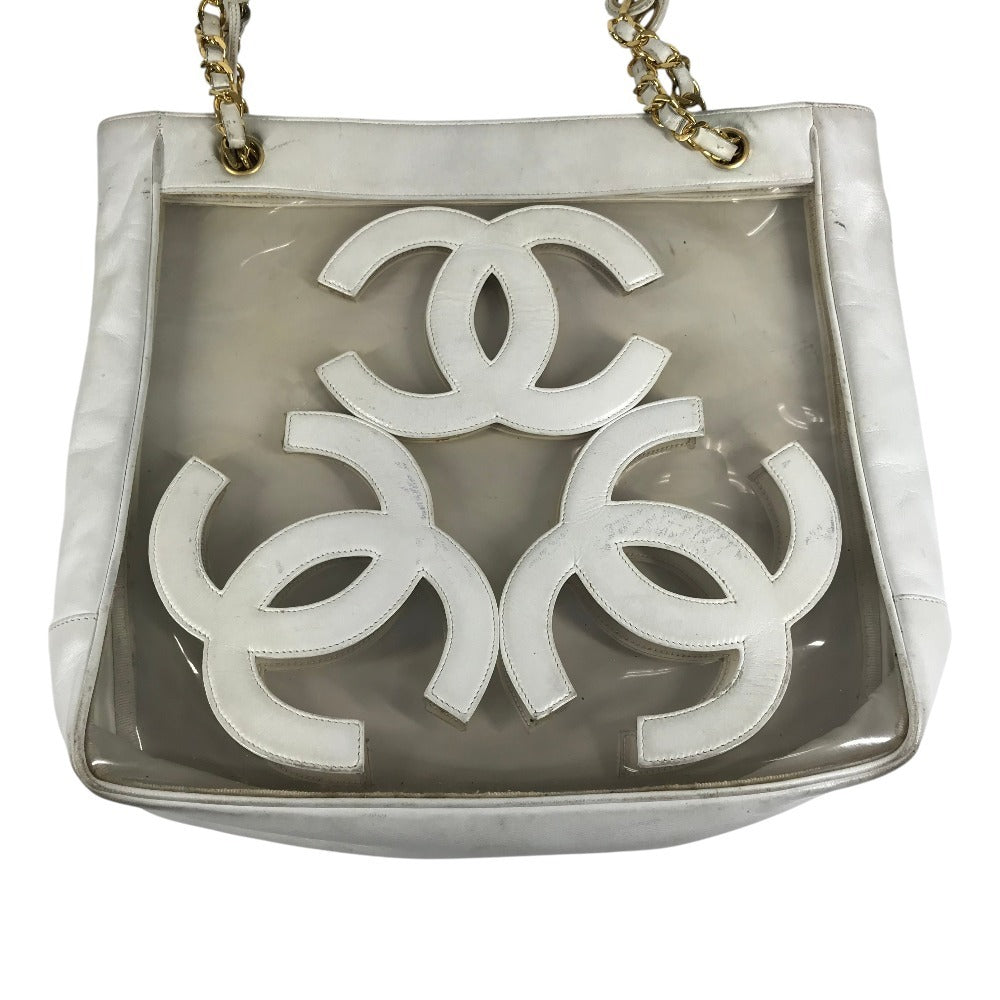 CHANEL ヴィンテージ CC ココマーク ロゴ トリプルココ Wチェーン カバン 肩掛け トートバッグ ポーチ付き ショルダーバッグ ビニール/レザー ユニセックス ホワイト