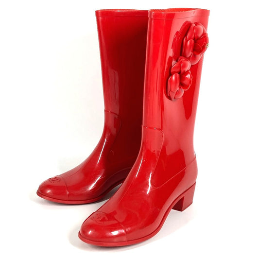 CHANEL カメリア CC ココマーク ロゴ レインブーツ 長靴 ロング 雨 靴 シューズ レインシューズ ラバー レディース レッド
