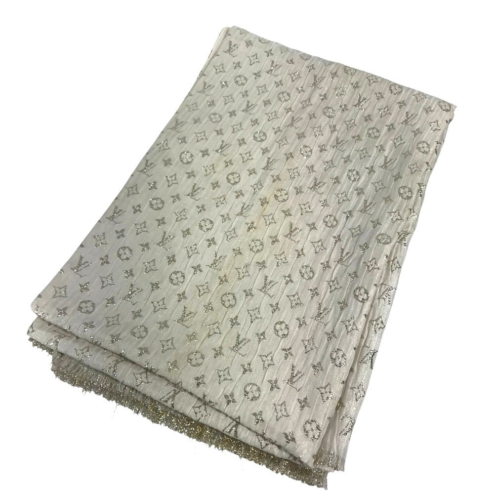 LOUIS VUITTON M73939 Monogram Glitter Etol Monogram So Glitter All-over print stole/shawl scarf with fringe shawl silk / polyester Light BeigeBased Used