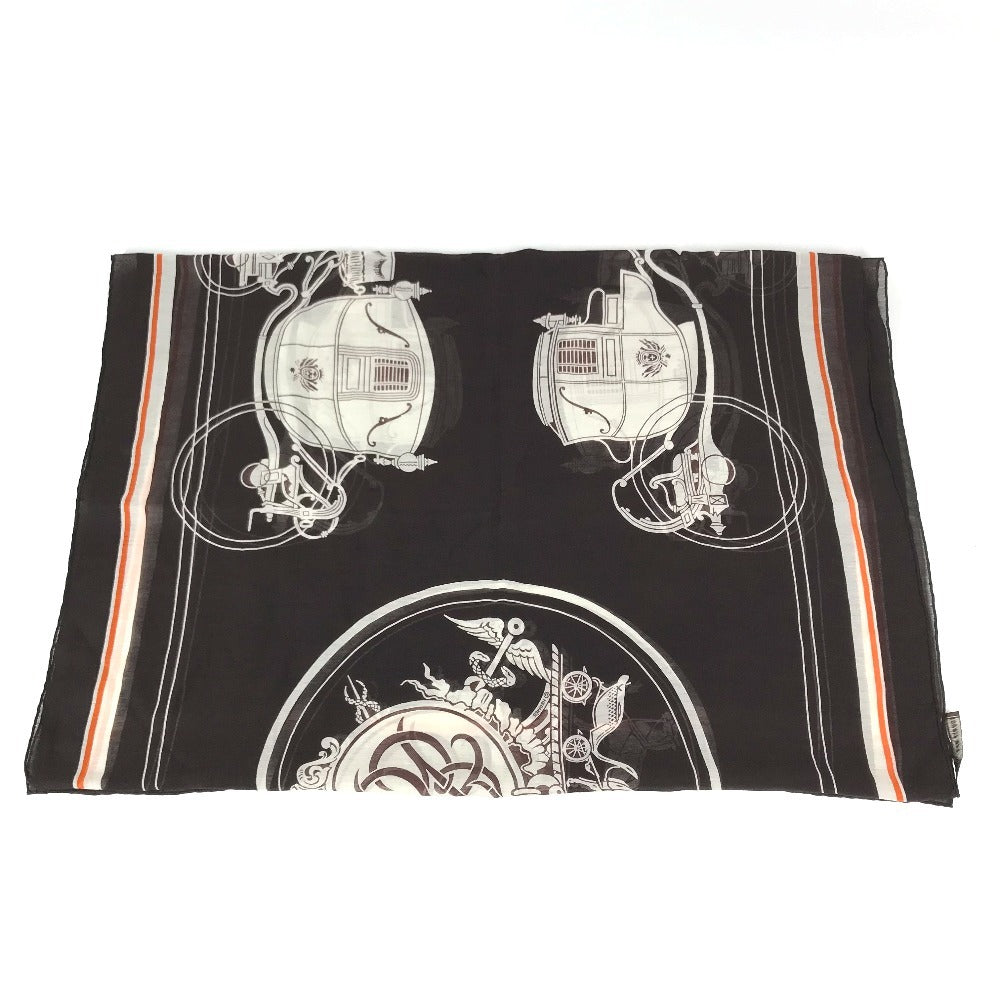 HERMES Monogram Shawl All-over print stole/shawl scarf with fringe shawl cotton / silk Brown Used