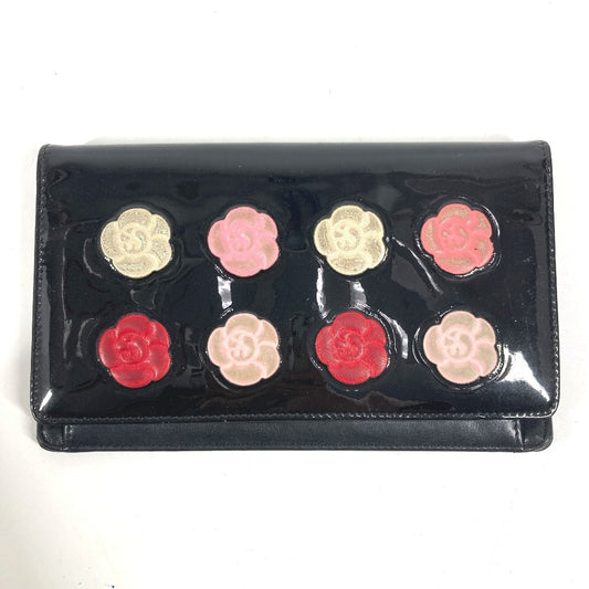 CHANEL カメリア ロゴ ロングウォレット 2つ折り 長財布 パテントレザー ユニセックス ブラック