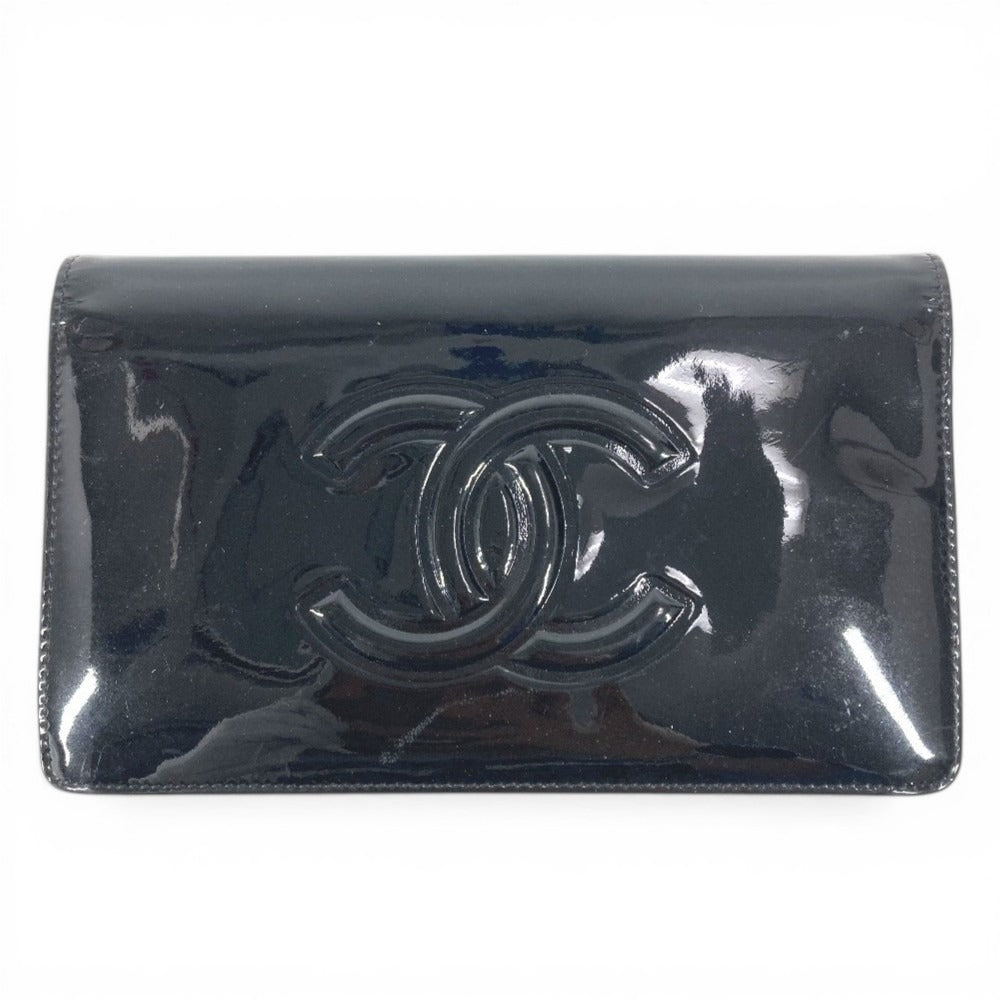 CHANEL カメリア ロゴ ロングウォレット 2つ折り 長財布 パテントレザー ユニセックス ブラック
