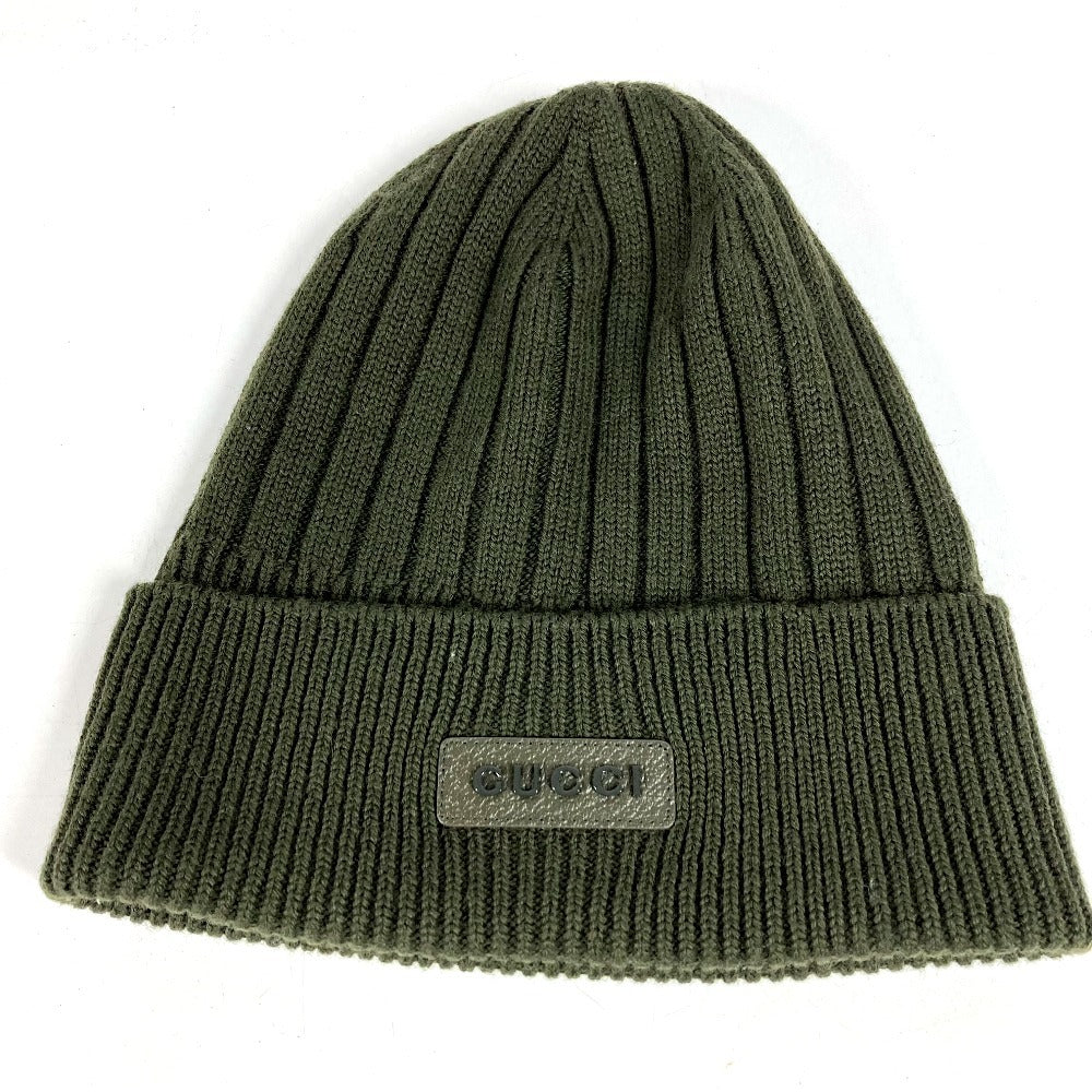 GUCCI 811344 Logo Beanie Hat Knit Cap Wool Unisex Khaki
