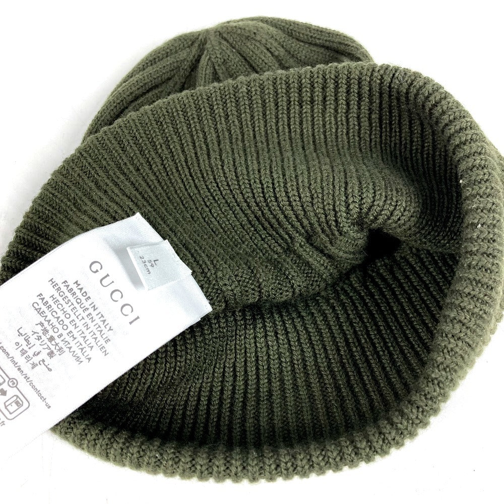 GUCCI 811344 Logo Beanie Hat Knit Cap Wool Unisex Khaki