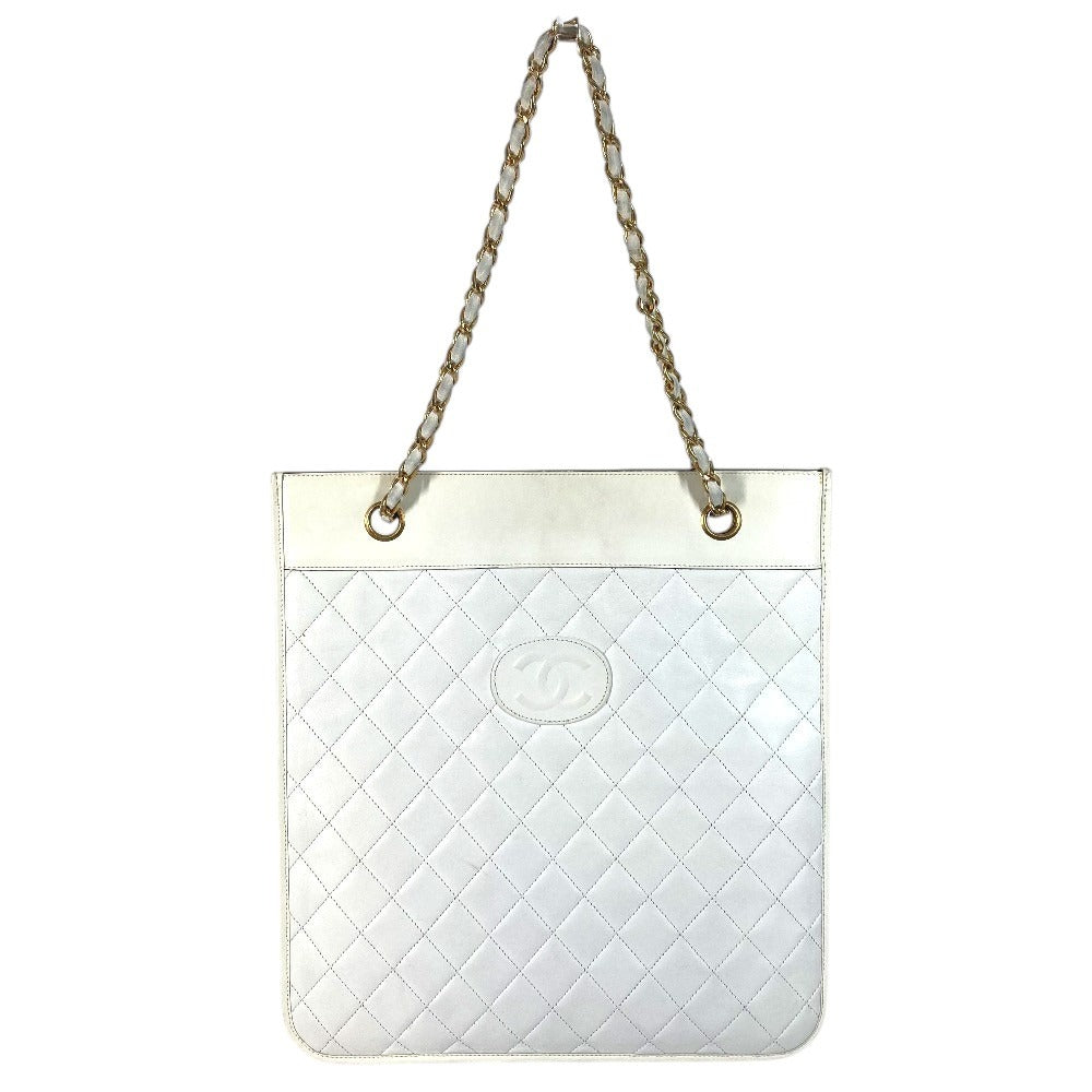 CHANEL ヴィンテージ CC ココマーク ロゴ フラット キルティング マトラッセ カバン 肩掛け　Wチェーン トートバッグ 縦型 ショルダーバッグ レザー ユニセックス ホワイト