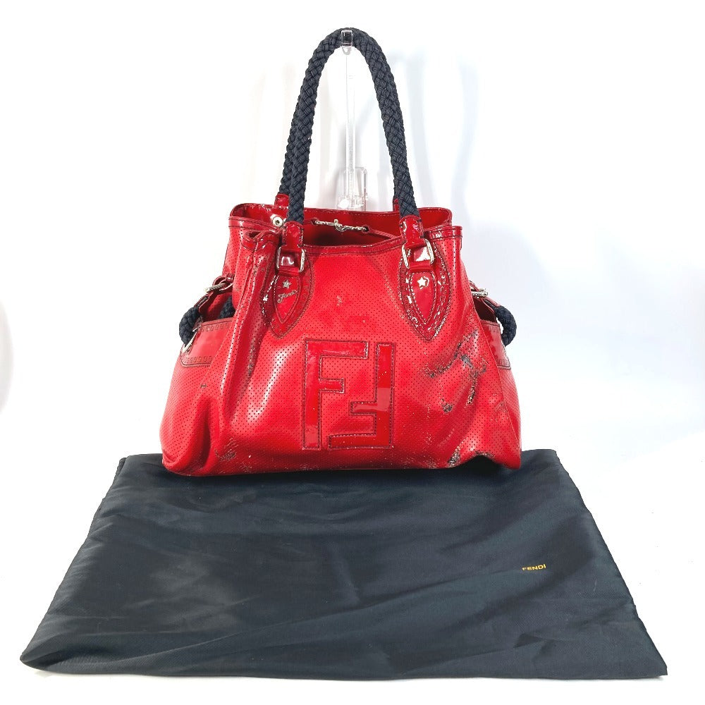 FENDI FF ロゴ エトニコ パンチング カバン 肩掛け トートバッグ ショルダーバッグ エナメル ユニセックス レッド