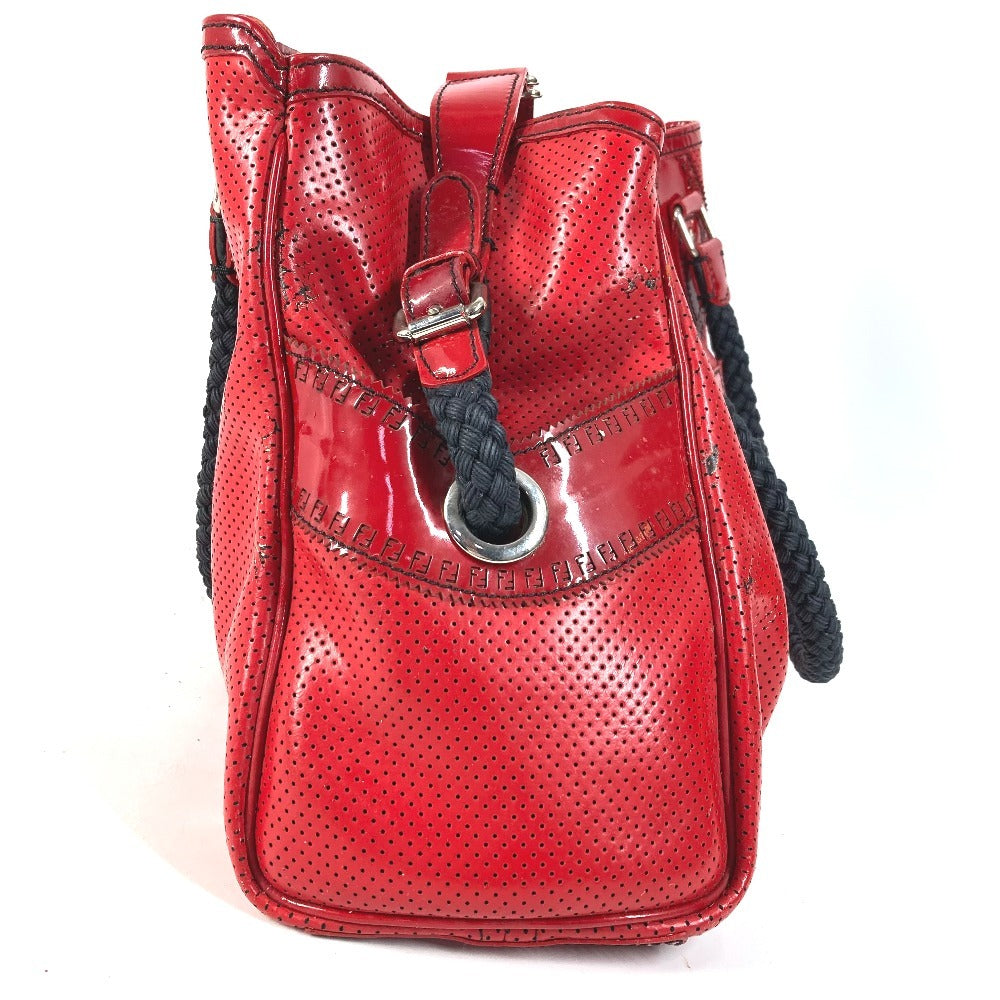 FENDI FF ロゴ エトニコ パンチング カバン 肩掛け トートバッグ ショルダーバッグ エナメル ユニセックス レッド