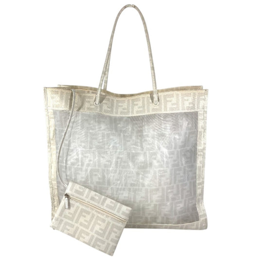 Vintage FENDI Zucca logo mesh shoulder bag with pouch and tote bag in PVC. Unisex.