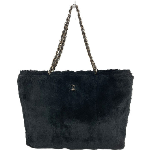 CHANEL Vintage CC Logo Coco Mark Fur Bag Flap W-Chain Shoulder Bag Tote Bag Shoulder Bag Fur Unisex Black