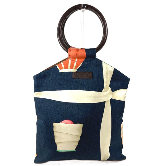 BVLGARI 総柄 ロゴ カバン レザーハンドル ハンドバッグ シルク ユニセックス マルチカラー