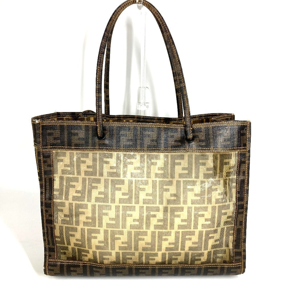 FENDI ポーチ付き ズッカ メッシュ ロゴ カバン トートバッグ 肩掛け ショルダーバッグ PVC レディース ブラウン