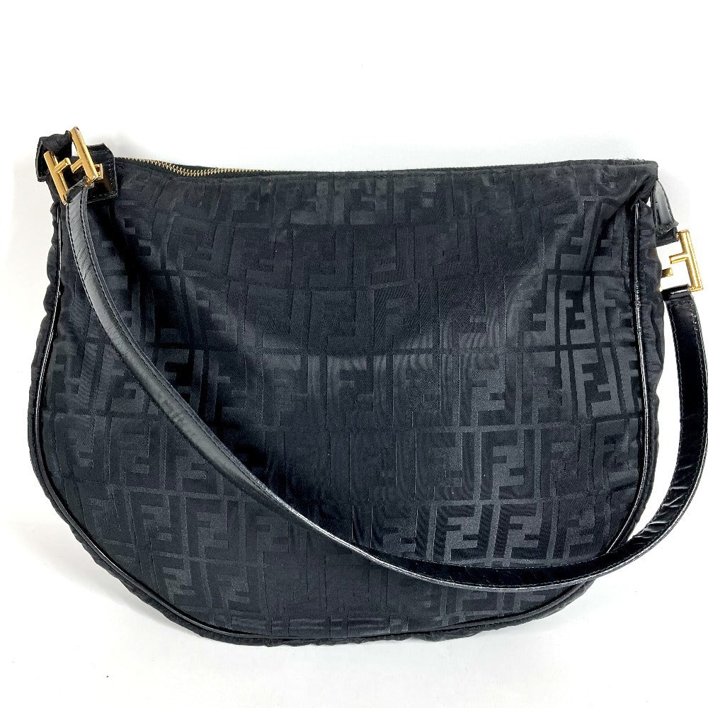 FENDI ZUCCA Logo Shoulder Bag Leather/Nylon Unisex Black