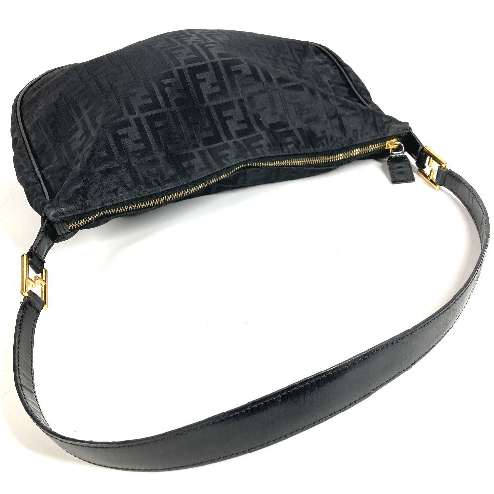 FENDI ZUCCA Logo Shoulder Bag Leather/Nylon Unisex Black