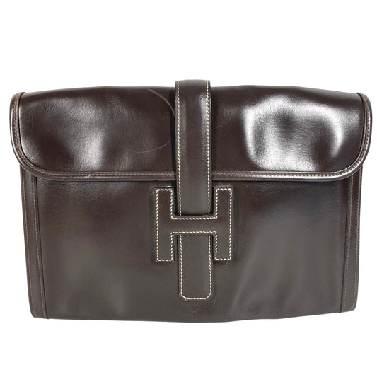HERMES Hロゴ ヴィンテージ ジジェPM ジジェ PM カバン 書類バッグ フラップ セカンドバッグ クラッチバッグ レザー ユニセックス ダークブラウン