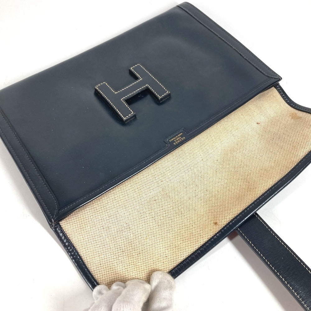 HERMES H Logo Vintage Jige PM Jige PM Bag Document Bag Flap Clutch Bag Box Calf Unisex Navy