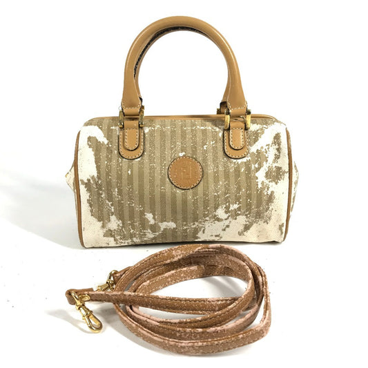 FENDI ヴィンテージ ロゴ ストライプ ペカン カバン 2WAYバッグ ショルダーバッグ 斜め掛け ミニボストンバッグ ハンドバッグ レザー/キャンバス ユニセックス ベージュ