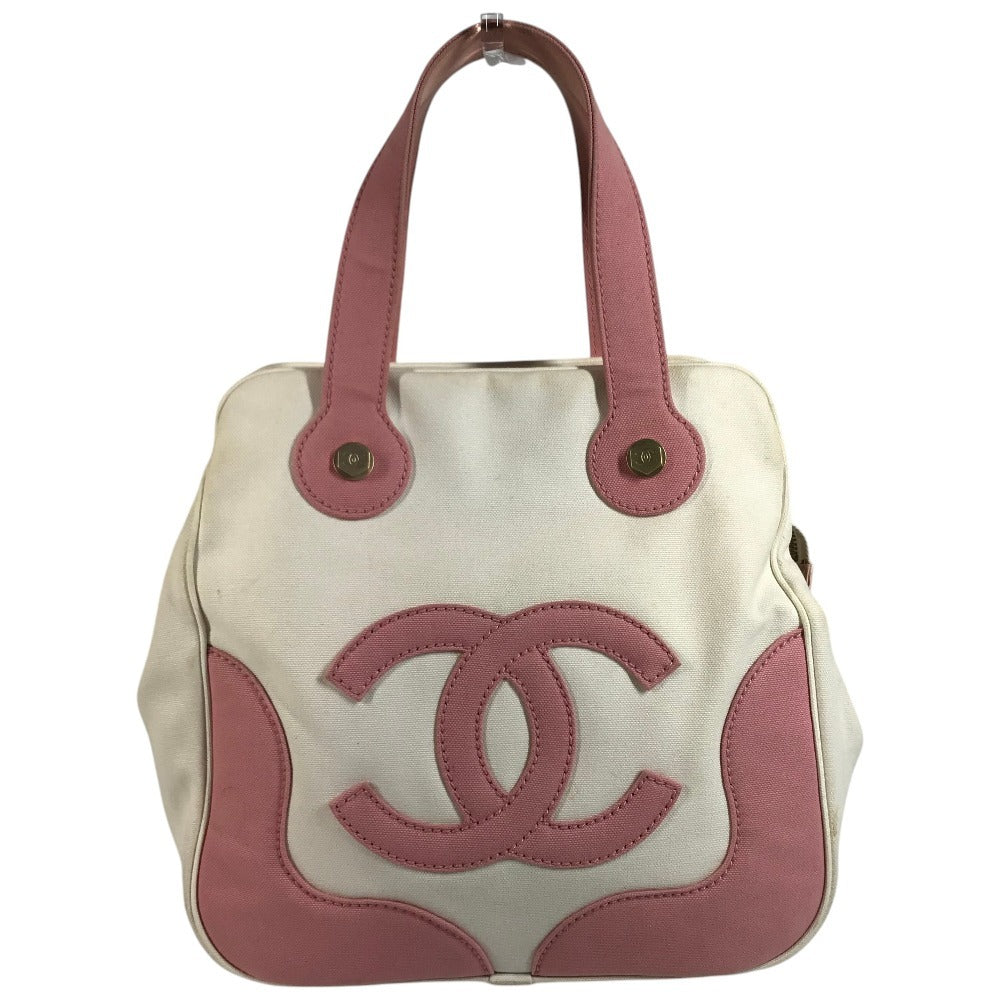 CHANEL CC CC Mark logo marshmallow Tote Bag Bicolor Hand Bag Canvas pink/White Used
