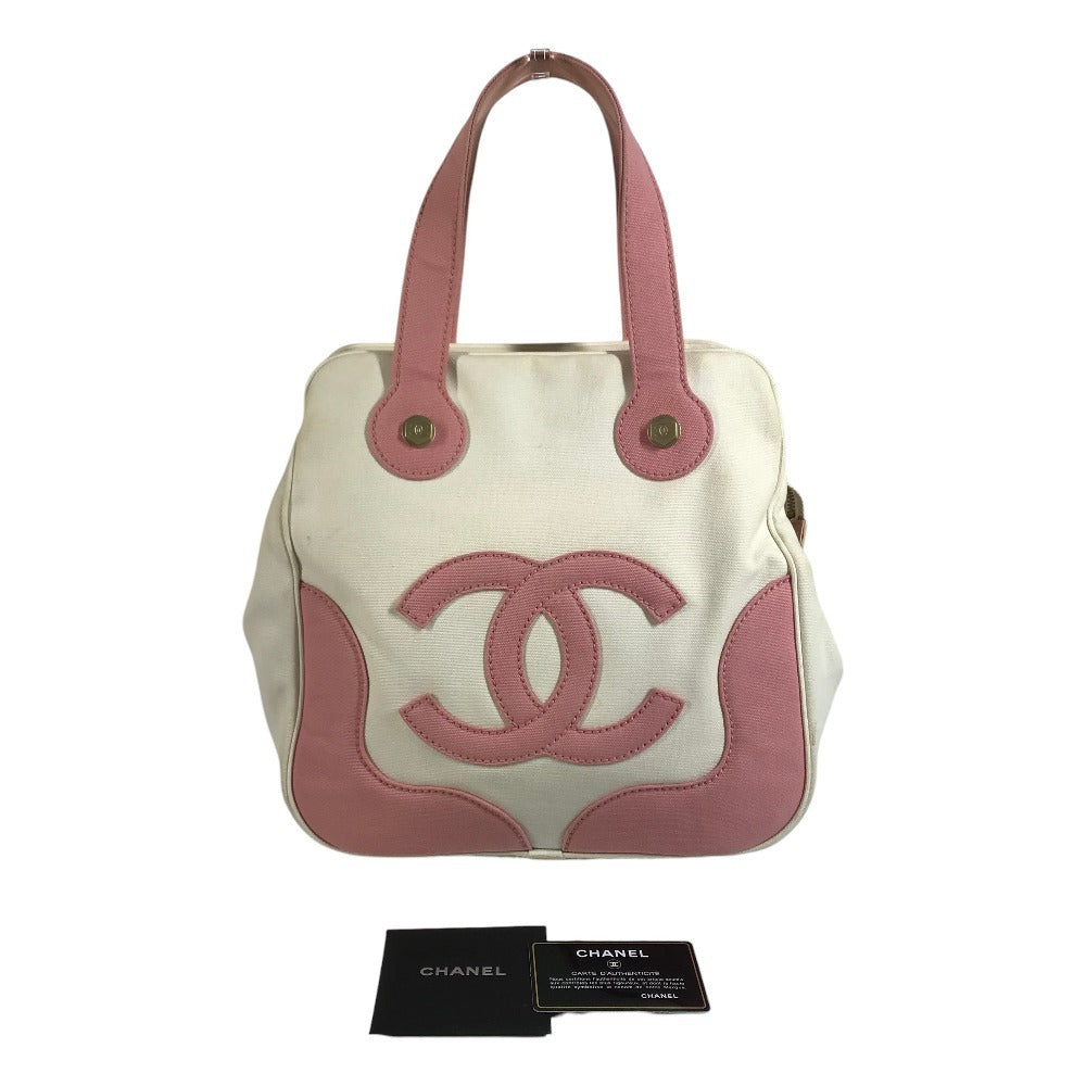 CHANEL CC CC Mark logo marshmallow Tote Bag Bicolor Hand Bag Canvas pink/White Used