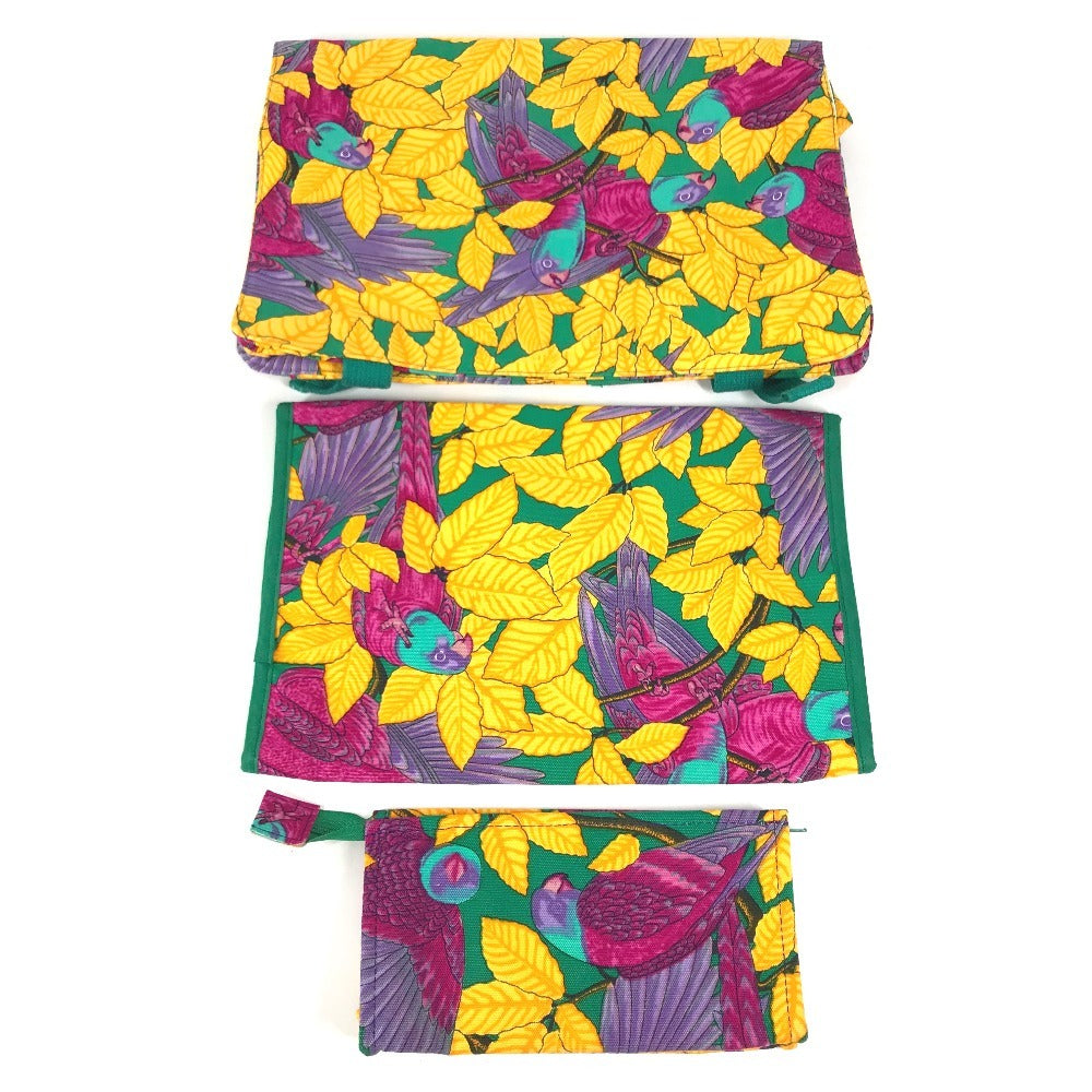 HERMES vintage Bird pattern Shoulder bag, tote bag, with 3 pouches. Shoulder Bag cotton Green/yellow Used