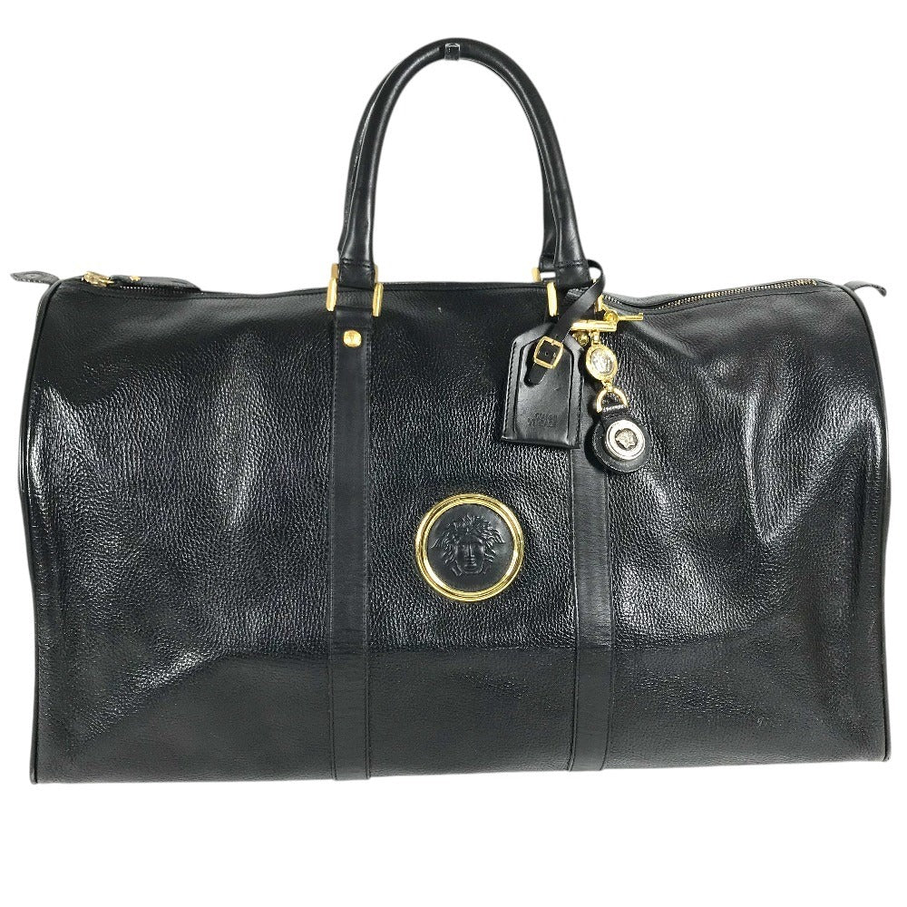 VERSACE vintage Sunburst logo 2-Way Bag: Shoulder Bag, Crossbody Bag, Duffle Bag Hand Bag Leather Black/Gold Used