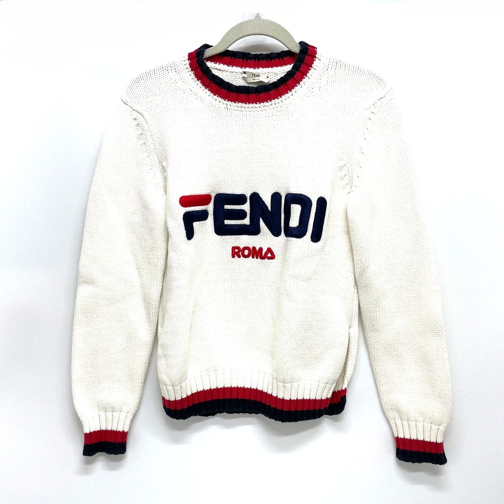 FENDI FAE137 Logo Pullover Knit Sweater, FILA Collaboration, Cotton, White, Women's