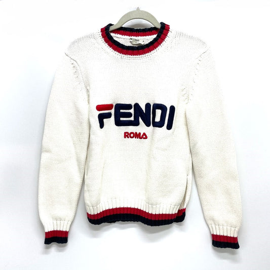 FENDI FAE137 Logo Pullover Knit Sweater, FILA Collaboration, Cotton, White, Women's