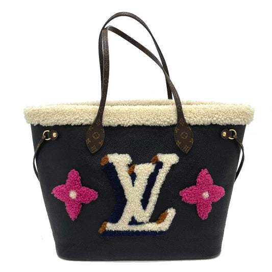 LOUIS VUITTON M56960 Shearling Monogram Flower LV Initial Neverfull MM Fluffy Shoulder Bag Tote Bag in Calf Leather, Black