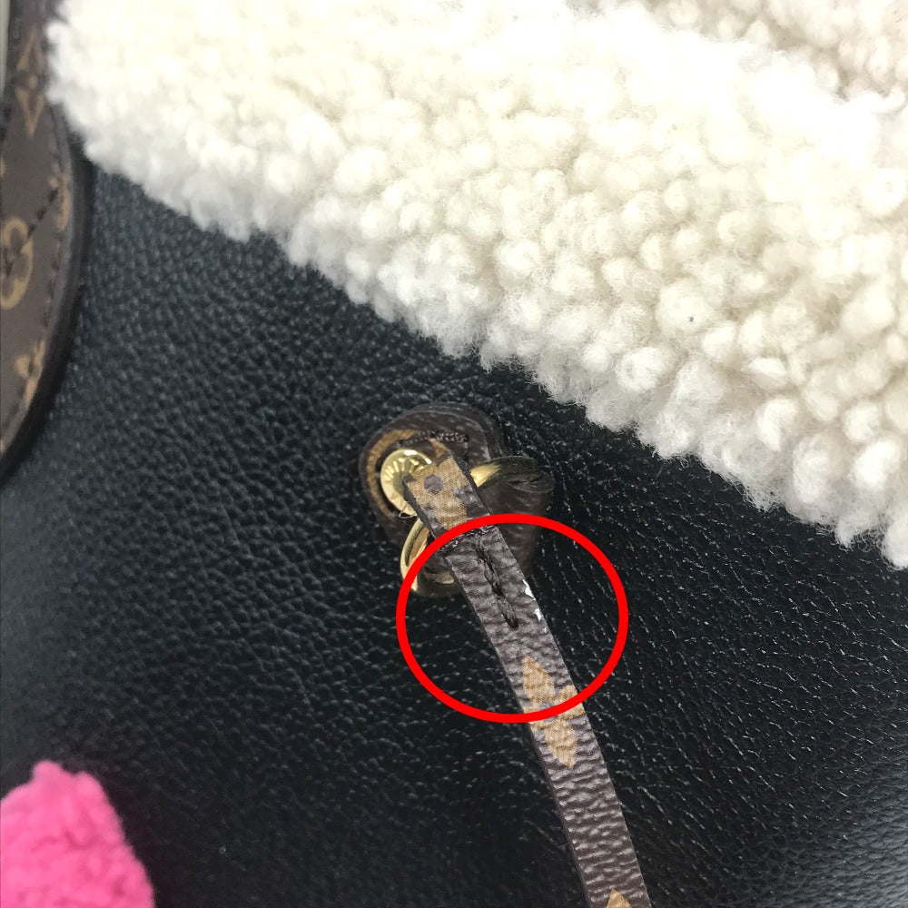 LOUIS VUITTON M56960 Shearling Monogram Flower LV Initial Neverfull MM Fluffy Shoulder Bag Tote Bag in Calf Leather, Black