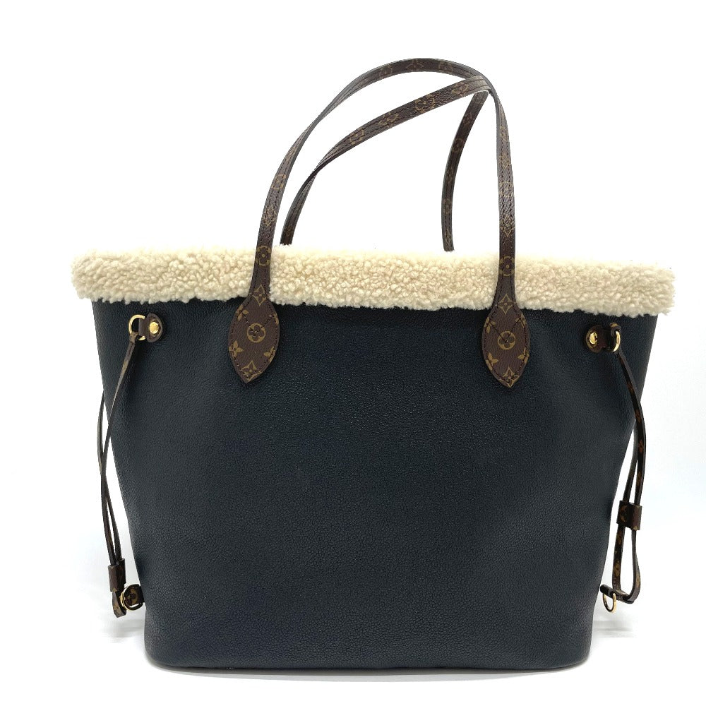 LOUIS VUITTON M56960 Shearling Monogram Flower LV Initial Neverfull MM Fluffy Shoulder Bag Tote Bag in Calf Leather, Black