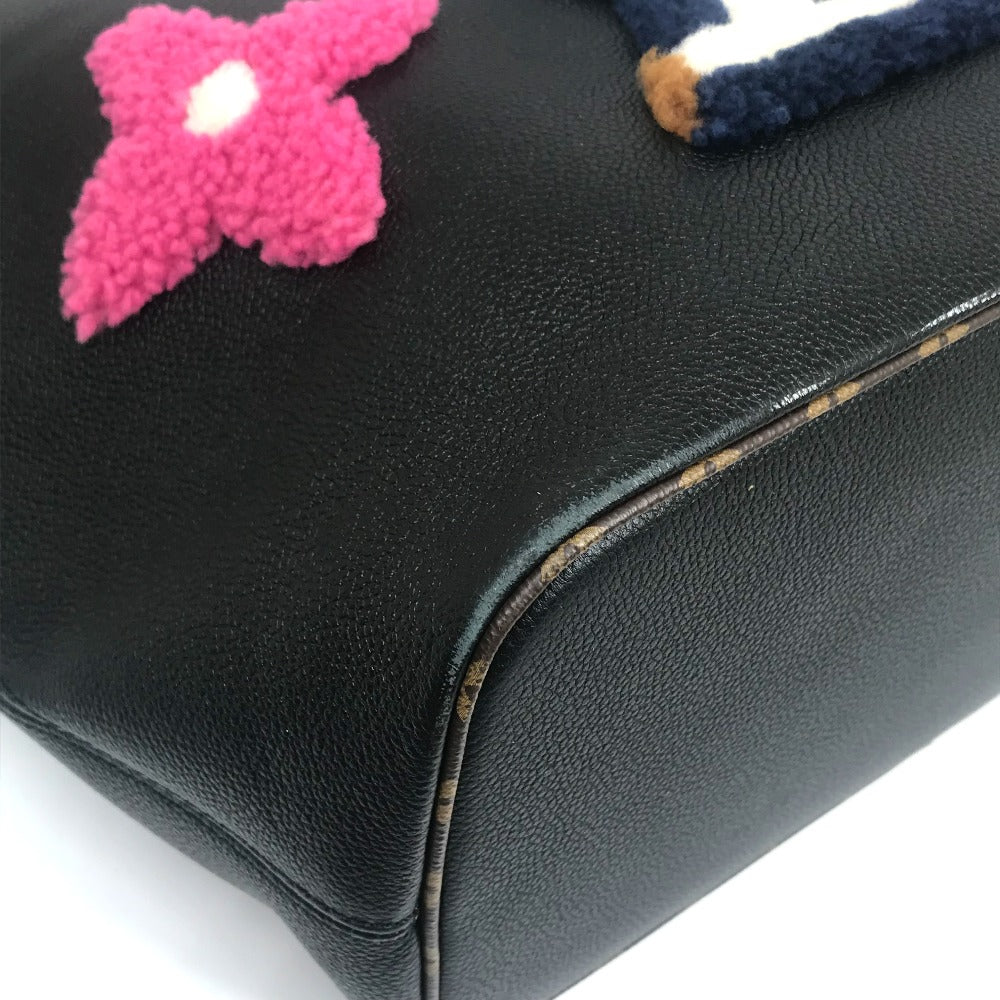 LOUIS VUITTON M56960 Shearling Monogram Flower LV Initial Neverfull MM Fluffy Shoulder Bag Tote Bag in Calf Leather, Black