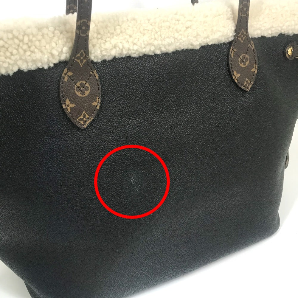 LOUIS VUITTON M56960 Shearling Monogram Flower LV Initial Neverfull MM Fluffy Shoulder Bag Tote Bag in Calf Leather, Black