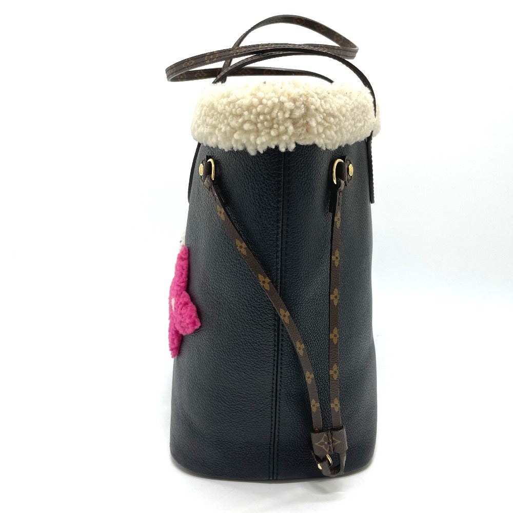 LOUIS VUITTON M56960 Shearling Monogram Flower LV Initial Neverfull MM Fluffy Shoulder Bag Tote Bag in Calf Leather, Black