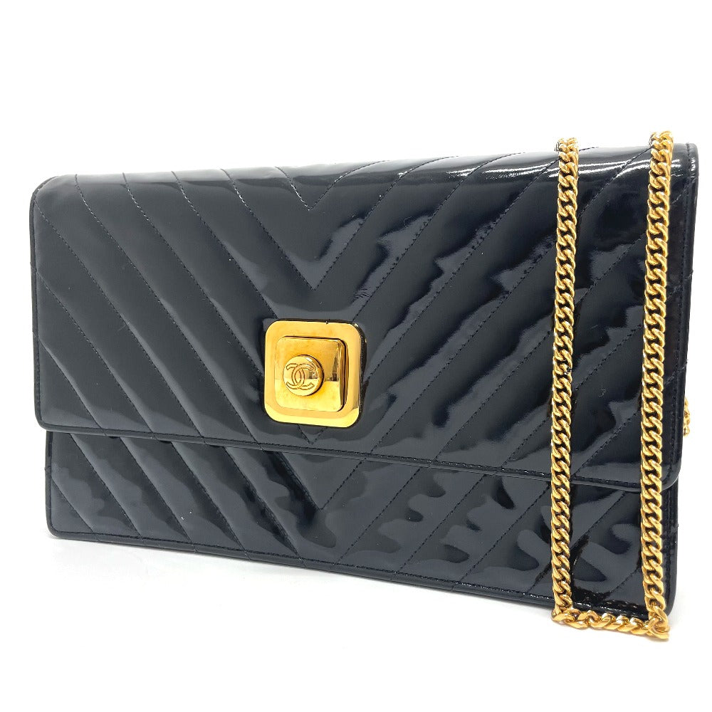 CHANEL V-Stitch Chevron CC Coco Mark Bag Chain 2-Way Crossbody Shoulder Bag Enamel/Leather Women's Black