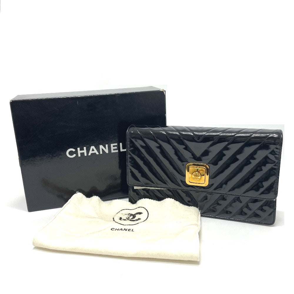 CHANEL V-Stitch Chevron CC Coco Mark Bag Chain 2-Way Crossbody Shoulder Bag Enamel/Leather Women's Black