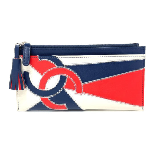 CHANEL CC Coco Mark Fringe Wallet Card Case Lambskin Women's Blue/White/Red