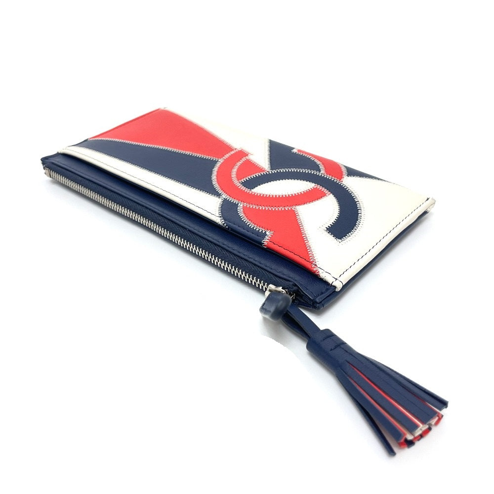 CHANEL CC Coco Mark Fringe Wallet Card Case Lambskin Women's Blue/White/Red