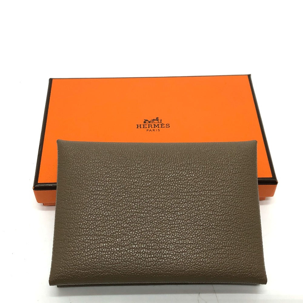 HERMES Calvi Duo Business Card Holder, Bifold Card Case, Chevre Mysore, Women's, Etoupe, Brown