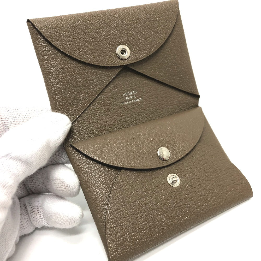 HERMES Calvi Duo Business Card Holder, Bifold Card Case, Chevre Mysore, Women's, Etoupe, Brown