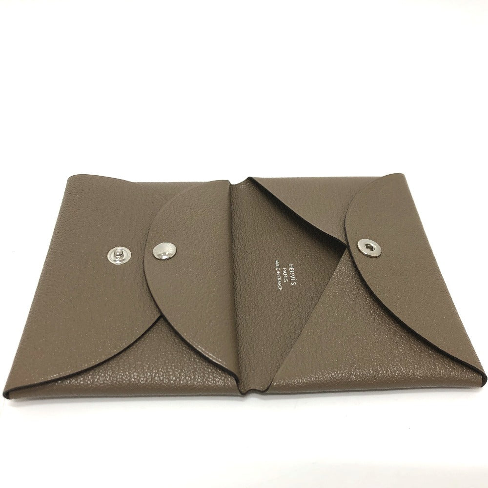 HERMES Calvi Duo Business Card Holder, Bifold Card Case, Chevre Mysore, Women's, Etoupe, Brown