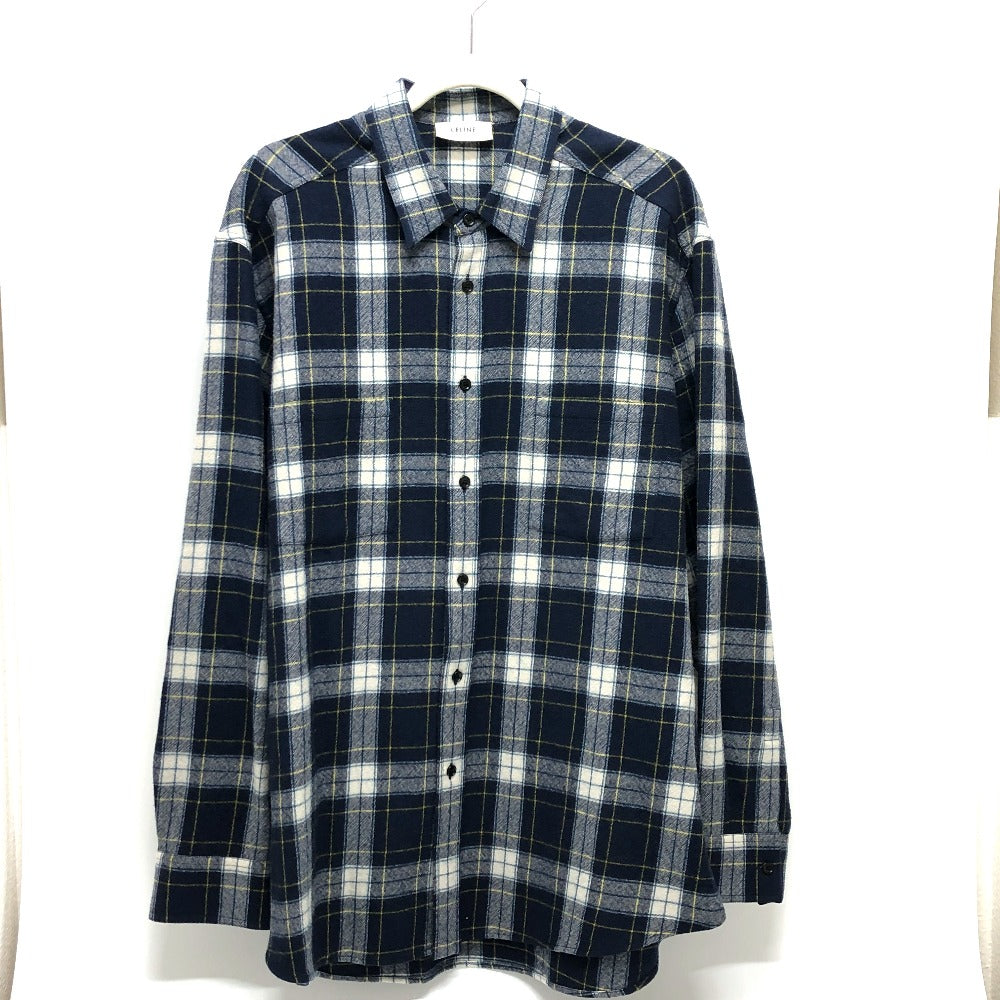 CELINE 2C555198O Checked Wool Loose Shirt, Men's Navy, Long Sleeve Wool Shirt